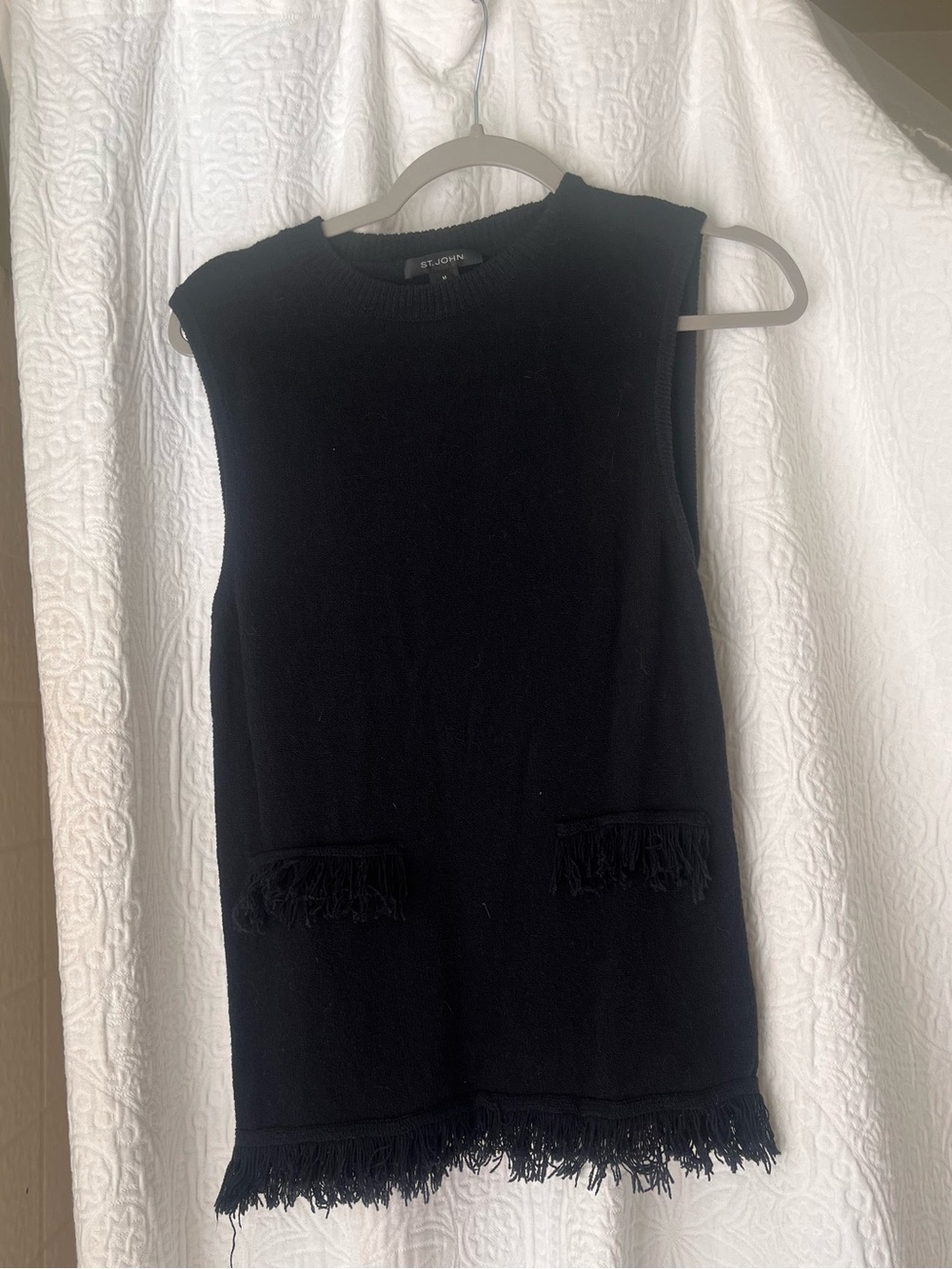 St. John Black Sleeveless Fringe-Trim Knit Top